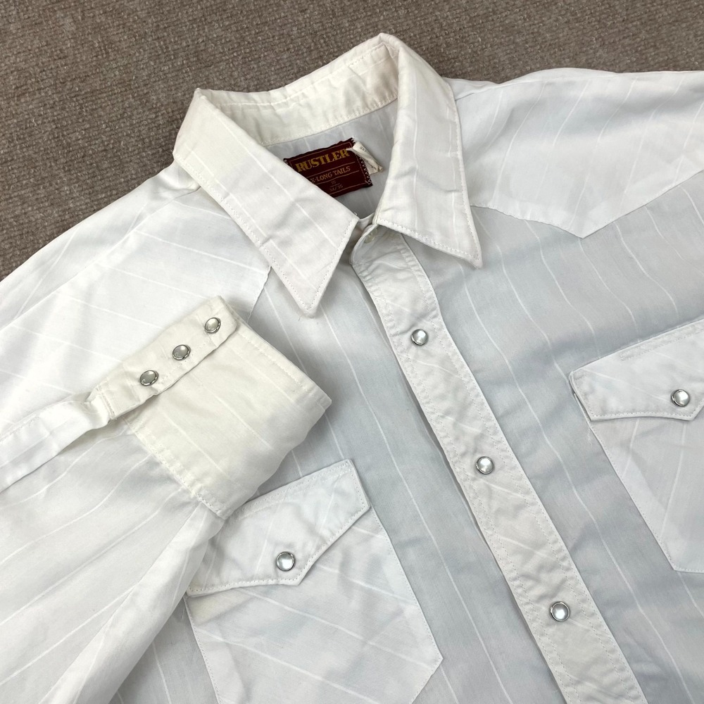 VTG Rustler Western Shirt Mens XL(18) White Striped Snap Peaked Yoke Button Up‎